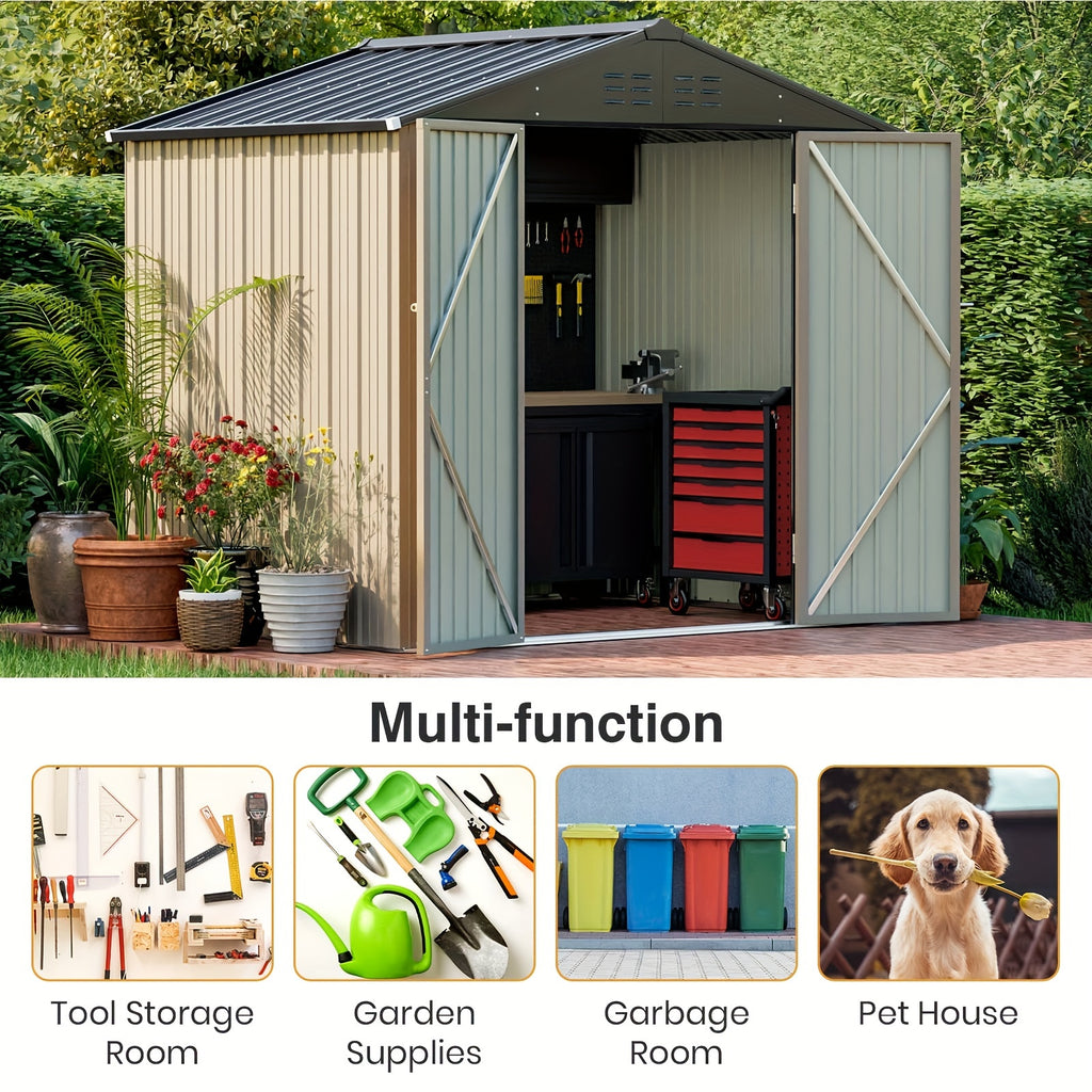 GUNJI 8X6 FT Outdoor Steel Storage Shed with Lockable Doors, Compact Small Bike Shed, Ideal for Garden, Backyard, Swimming Pool, Patio Utility And Tool Storage