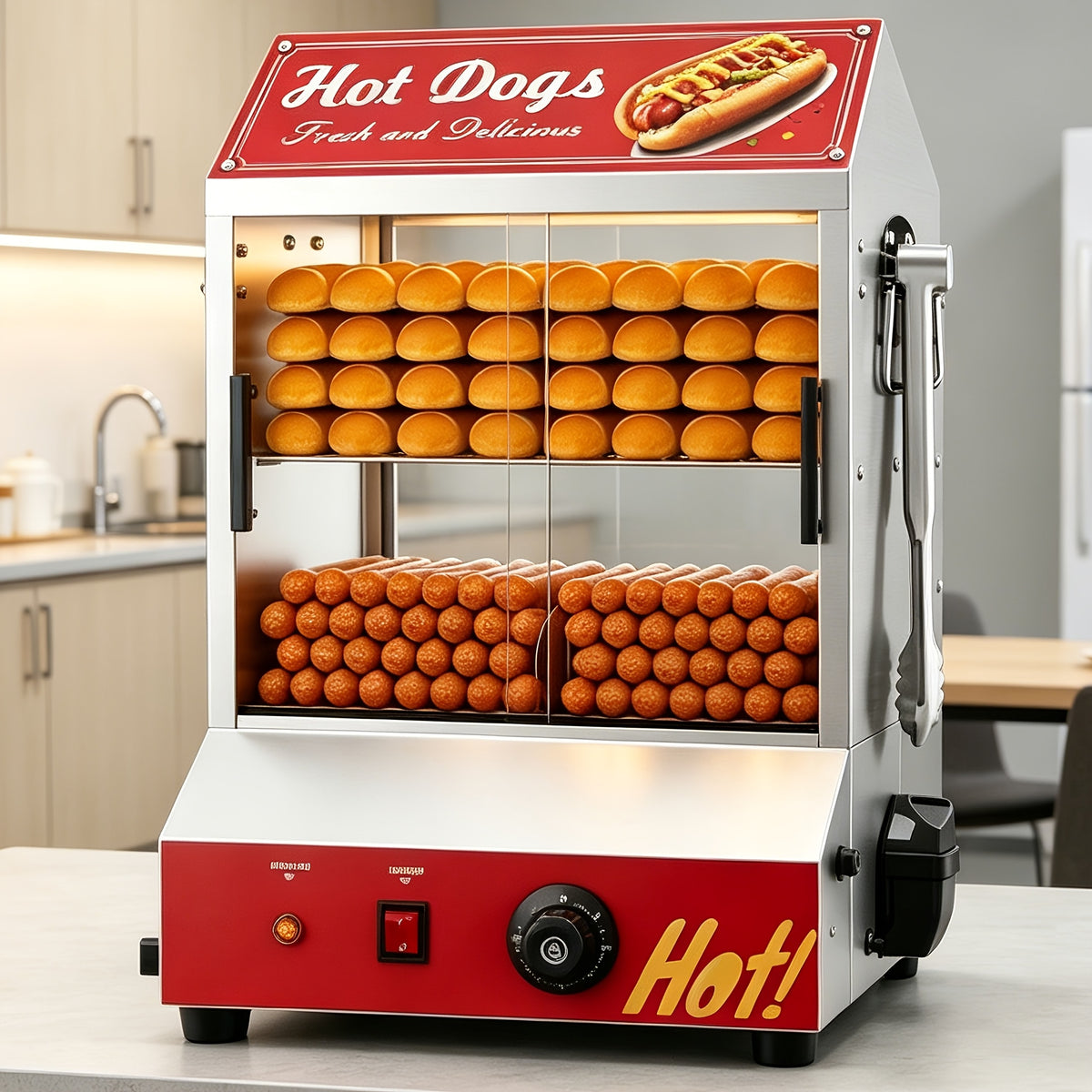 2-Tier Electric Hot Dog Steamer with Bun Warmer - 31.7QT/28.5QT Capacity, Adjustable Temperature, Visible Glass Sliding Door, Holds 175 Hot Dogs And 40 Buns