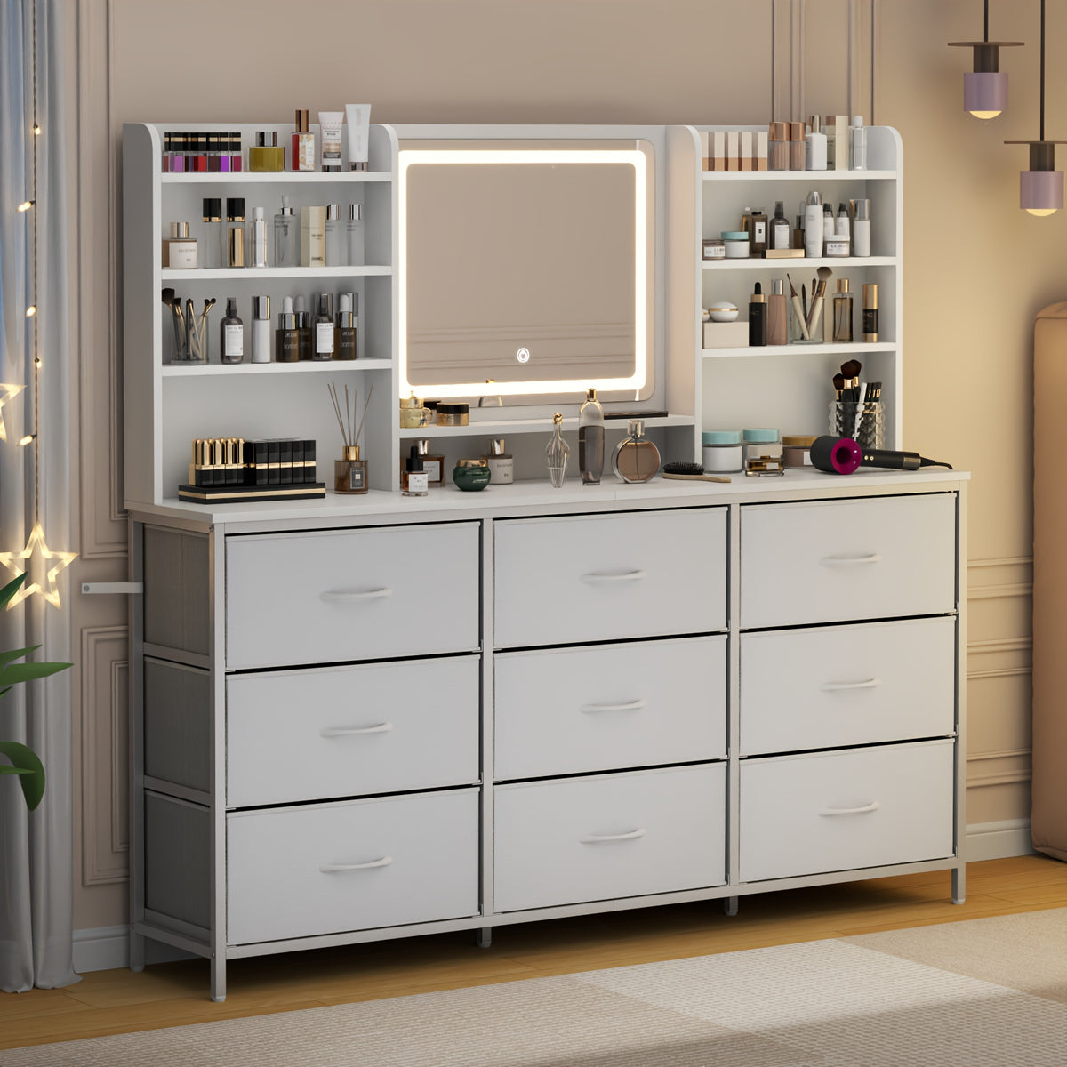 Chest Of 9 Drawers, White Dresser With 9 Fabric Drawers, Vanity With 8 Storage Shelves, Makeup Vanity Table, Vanity Desk With Large Mirror And LED Lights, Dressing Table For Bedroom, 3 Lighting Modes