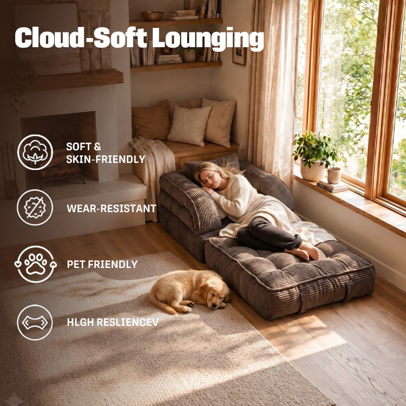 3-in-1 Convertible Folding Sofa Bed, Floor Futon Couch Cloud Shaped Corduroy Upholstered, High-Density Foam Ultra-Soft Comfy Lounge Bean Bag Chair, Versatile Pull-Out Sleeper for Living Room Guest