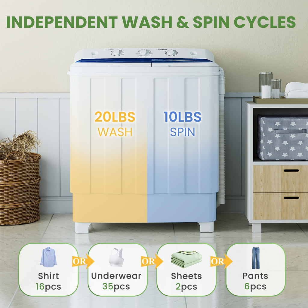 30Lbs Portable Washing Machine, Semi-Automatic Twin Tub Washer Spinner Combo, 20Lbs Wash & 10Lbs Spin, Compact Laundry for Apartment, Dorm, RV, Camping & Travel Use