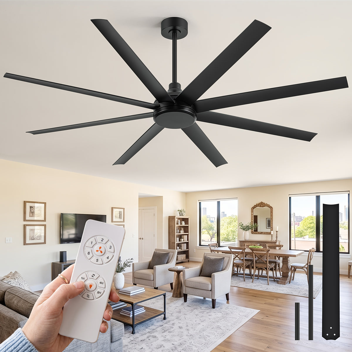 72 Inch Ceiling Fan No Light, Black Modern Ceiling Fan with Remote, 6-Speeds, 8 Blades, Quiet Reversible DC Motor, Timer, 2 Downrods, Industrial Ceiling Fans Without Lights for Living Room, Bedroom, Garage, Patio, Kichen Farmhouse Indoor/Outdoor