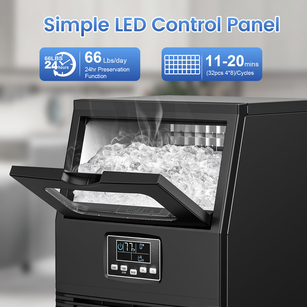 Large Ice Maker, 66Lbs/ 80Lbs/ 100Lbs Commercial Ice Maker, 24 Hour Timer, Self Cleaning Under Ice Machine, Automatic Full Ice Stop, Adjustable Ice Thickness And Ice Making Time, Suitable for Restaurants, Hospitals, Bars, Cafes, Laboratories