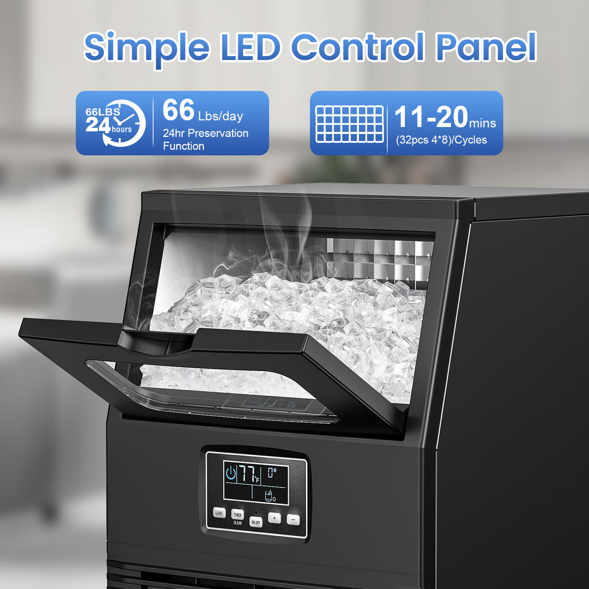 Large Ice Maker, 66Lbs/ 80Lbs/ 100Lbs Commercial Ice Maker, 24 Hour Timer, Self Cleaning Under Ice Machine, Automatic Full Ice Stop, Adjustable Ice Thickness And Ice Making Time, Suitable for Restaurants, Hospitals, Bars, Cafes, Laboratories