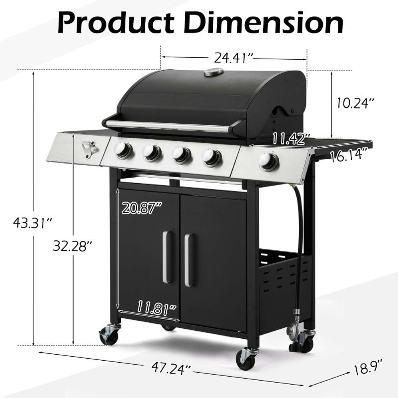 Grill with Side Burner & Cast Iron Grates, Lockable  Wheels, Barbecue Grill with 395 Square Inches Large Cooking Area, Camping Grill for Barbeque and Outdoor Cooking, Black