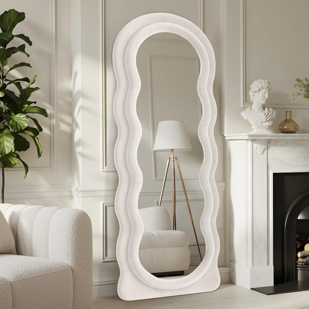 63"x24" Large Arched Full Body Mirror with Hot Pink Flannel Wrapped Frame & Stable Stand - Contemporary Floor Standing or Wall-Mounted/Leaning Mirror for Bedroom, Dressing Room, Entryway - No Electrical Required, Durable Construction