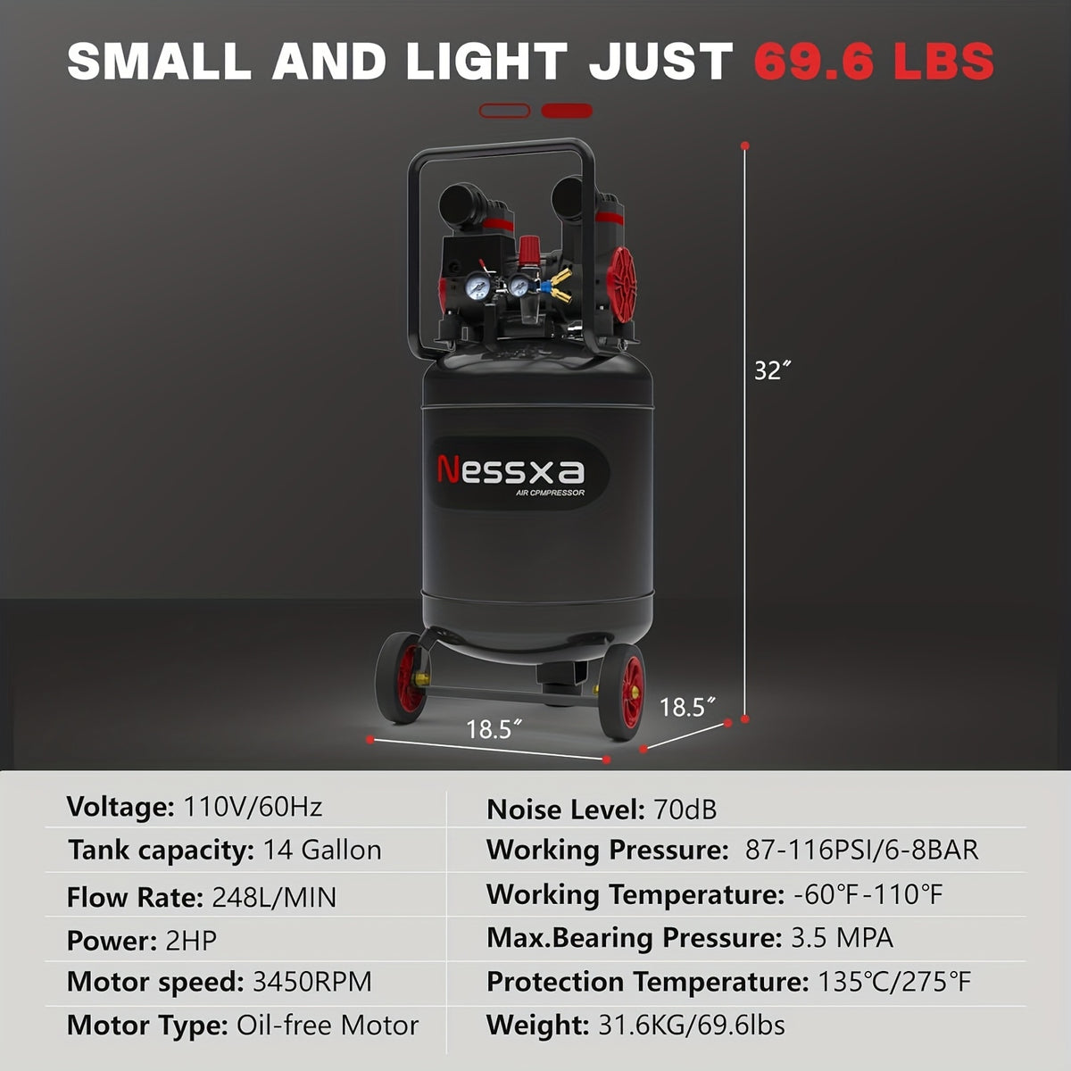 14 Gallon Ultra Quiet Air Compressor with 2 Quick Couplers 2HP 8.75 CFM, Max 115 PSI Pressure Oil-Free Tank, 70dB for Auto Repair, Tire Inflation 110V/60Hz