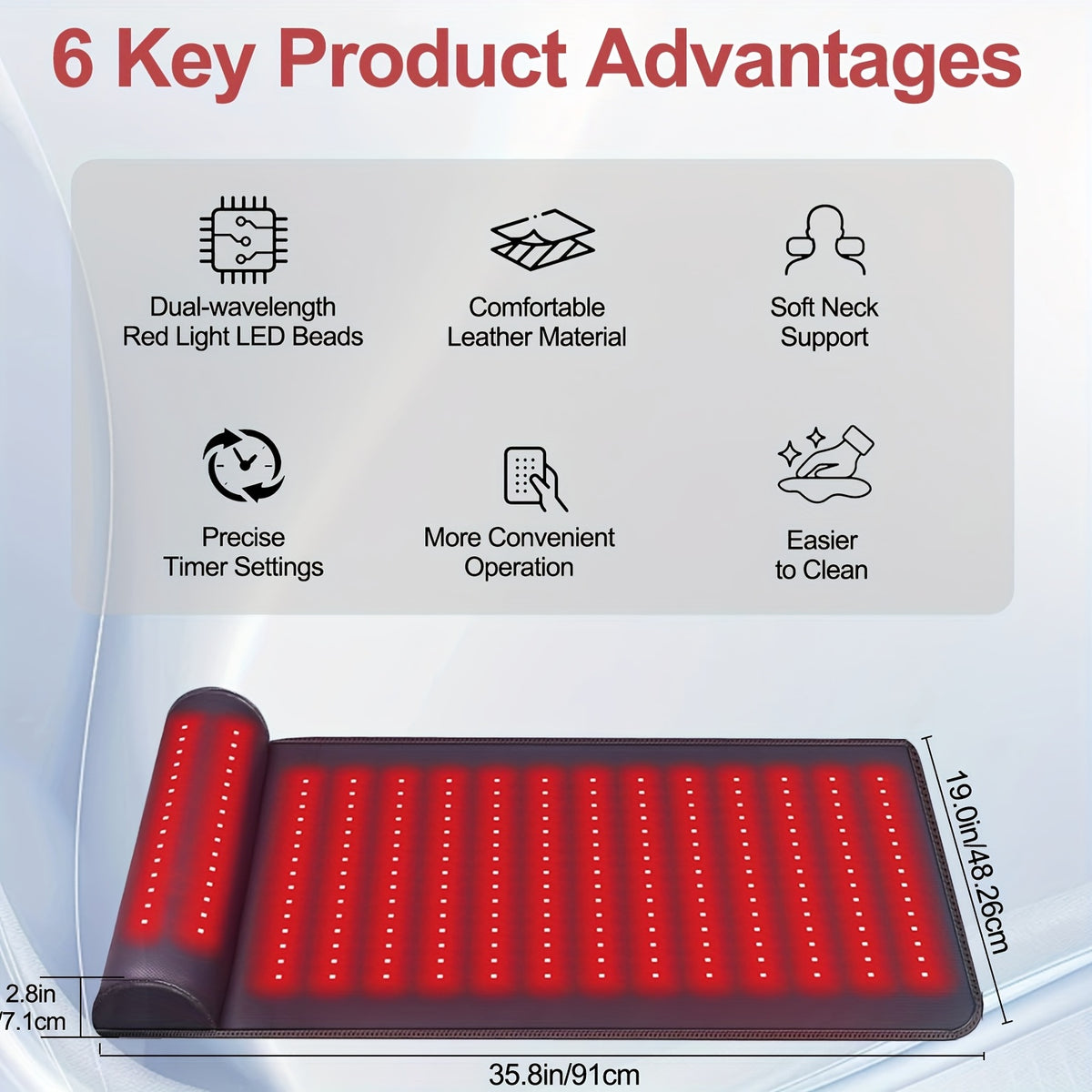 FDA Cleared ELVISH Leather Red Light Relax Body Cushion with Soft Neck Support, Dual Wavelength LED Lights, 3-in-1 Chip for Pain Relief, 225 Red Light Beads, 19.0×35.9 Inch, for Men & Women, Teacher & Father's Day Appreciation Gifts