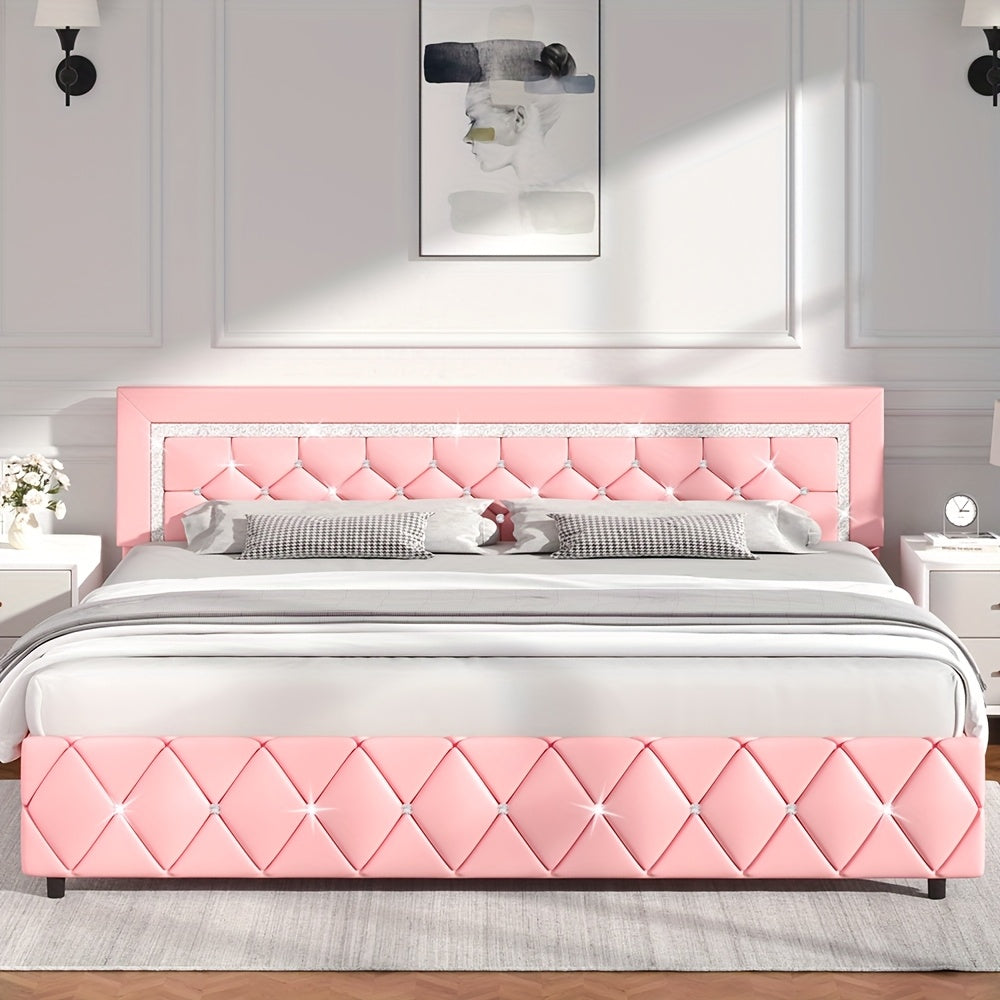 Halloween Twin Full Queen King Upholstered Bed Frame, Diamond Tufted Headboard, Faux Leather Bed Frame With Headboard & Footboard, Wooden Slats Support, No Box Spring Needed, Easy Assembly, Black/White/Pink/Green Christmas