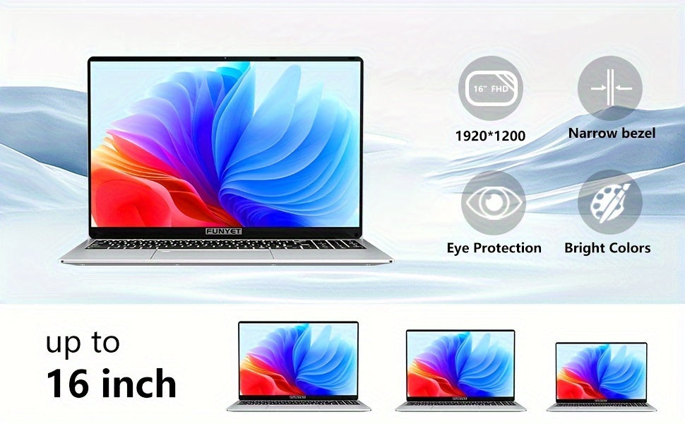 FUNYET 16 Inch Laptop Computer, Gaming Laptop, Intel 12th Gen N95 Processor(up to 3.4GHz), FHD 1920 * 1200, 180 Angle Opening, Fingerprint Unlock, Backlit Keyboard