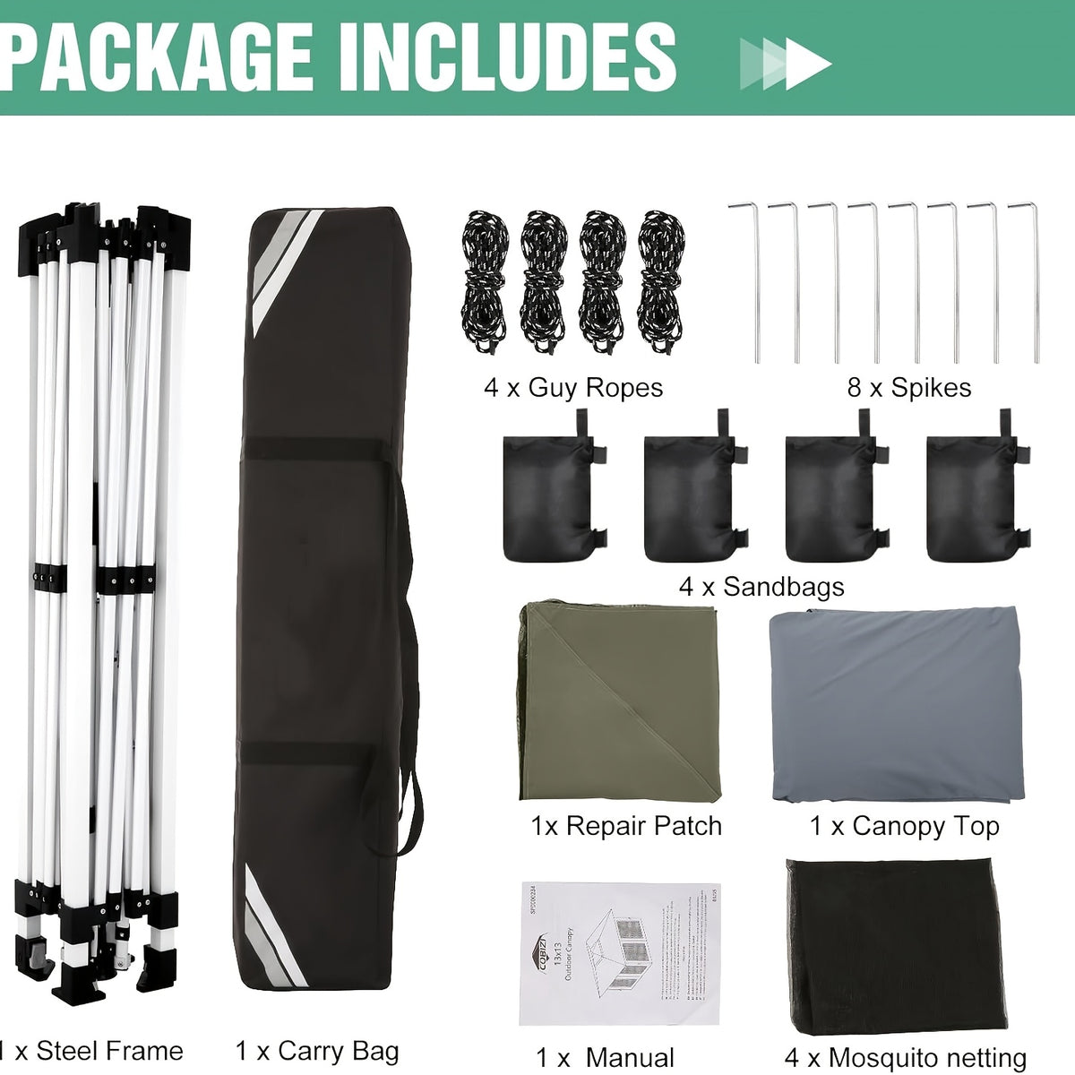 13x13ft Pop-up Gazebo Canopy Tent - Upgraded Metal Outdoor Waterproof Canopy - Portable Gazebo with Mosquito Net, 4 Ropes And 4 Sandbags, 8 Ground Pegs And Tote Bag, Suitable for Lawns, Gardens, Backyards And Patios.