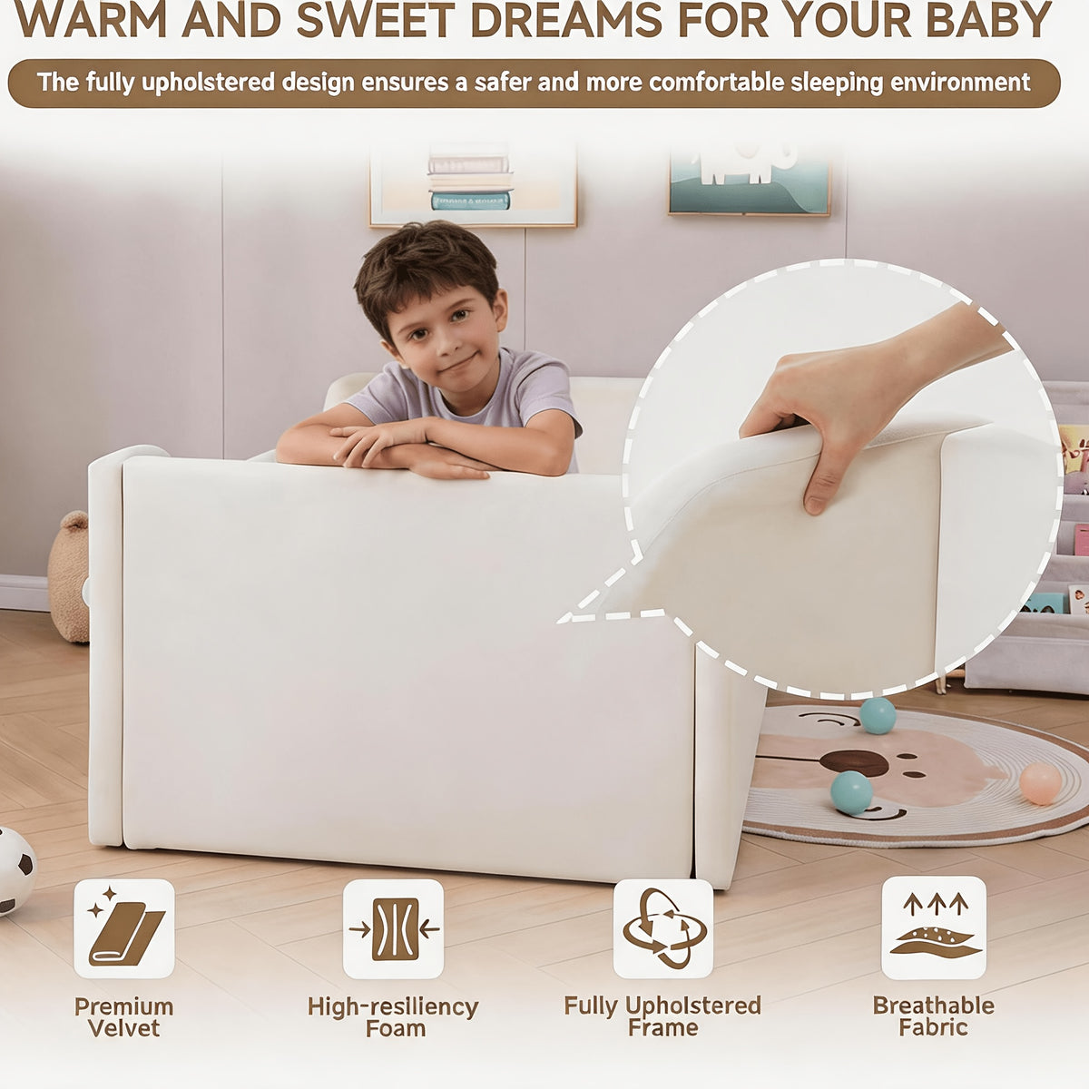 Toddler Floor Bed with Removable Safety Rails And Storage Bag, Kids Bed for Girls And Boys, Standard Crib Size, Safety Upholstered Beds, Low to Floor Design