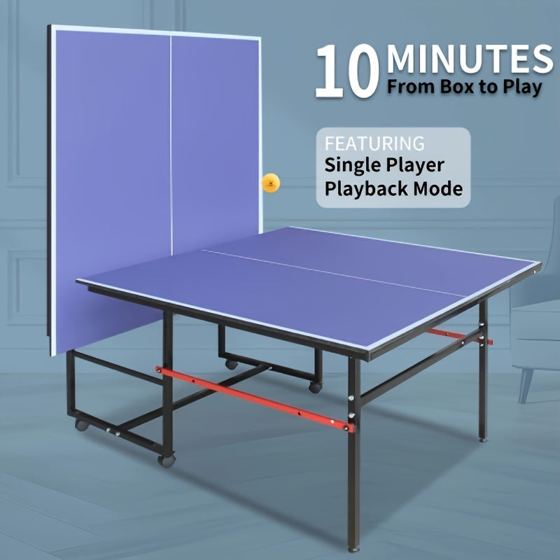 8 Ft Folding Rolling Table Tennis Table Regulation Ping Pong Table with 2 Paddles 2 Balls 1 Net And Post Set Fold-Up Design 4 Wheels for Easy Movement, BLUE