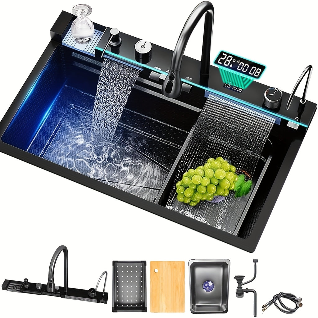Kitchen Sink Double Waterfall Sink with LED Display with Cup Washer, Soap Dispenser, Waterfall Mixer, Worktop Controller, Etc. Workstation Kitchen Sink