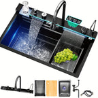 Kitchen Sink Double Waterfall Sink with LED Display with Cup Washer, Soap Dispenser, Waterfall Mixer, Worktop Controller, Etc. Workstation Kitchen Sink