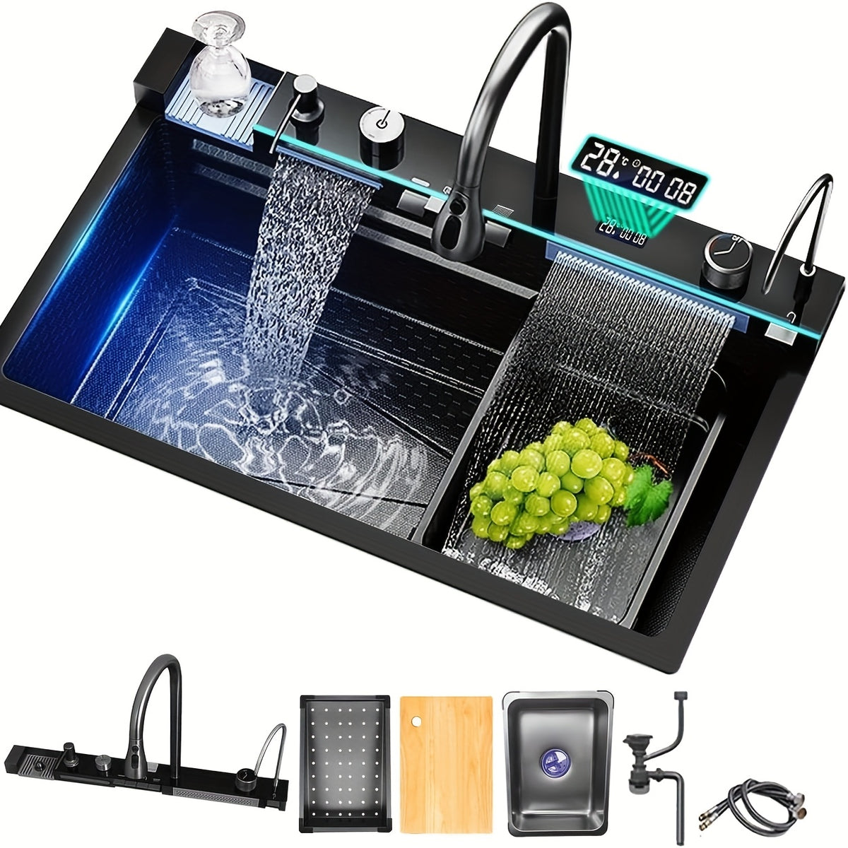 Kitchen Sink Double Waterfall Sink with LED Display with Cup Washer, Soap Dispenser, Waterfall Mixer, Worktop Controller, Etc. Workstation Kitchen Sink