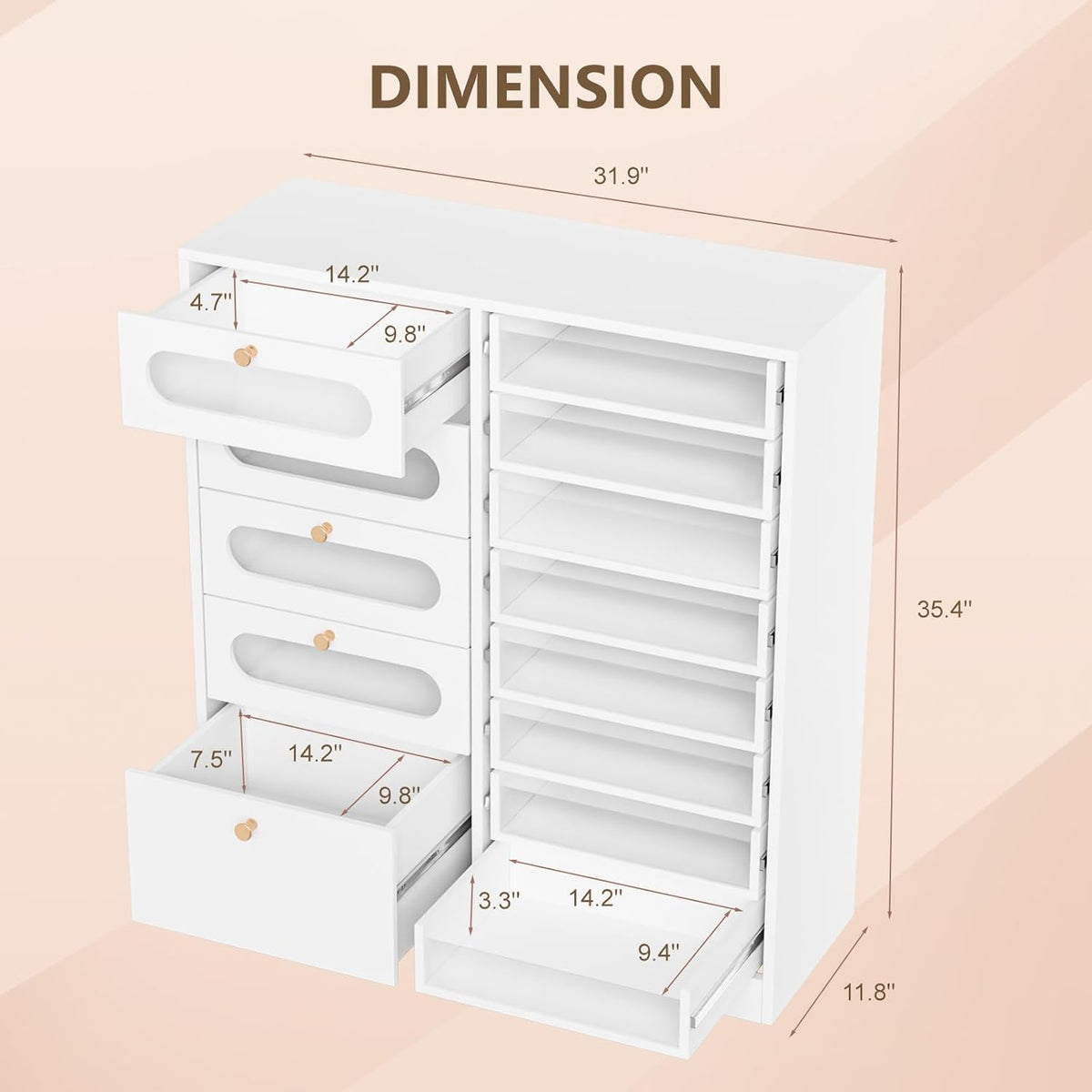 [Salon Organizer Cabinet] Nail Salon Organizer Cabinet, 32" L Floor Storage with 8 Clear & 4 Visual Drawers, Wooden Display for Polish & Powder, Beauty Salon Furniture