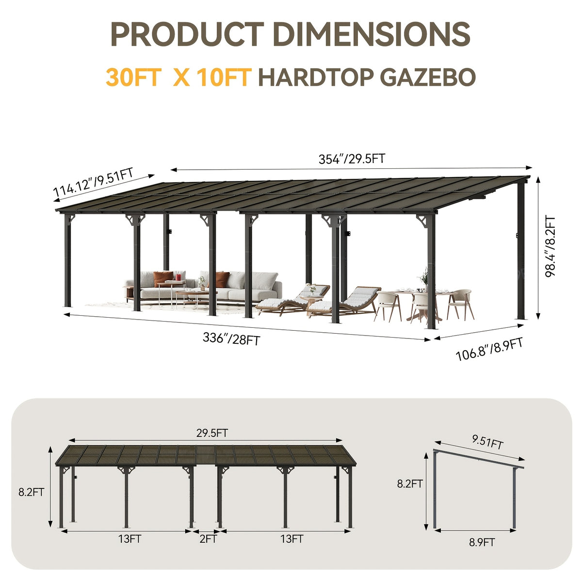 Outdoor Gazebo & Pergola Set - Hard Top Lean-to Wall Mounted Aluminum Alloy Awning With Canopy Roof, Outdoor All-Weather Cover For Patio, Backyard, Deck, Shade & Rain Protection(Multi-size Selection)