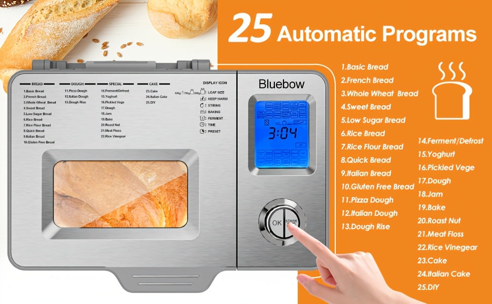 25-in-1 Bread Maker, 2LB Bread Machine With Auto Fruit/Nut Dispenser, Gluten-Free Setting, 3 Loaf Sizes& 3 Crust Colors, Keep Warm&13H Delay Timer, Digital Display, Stainless Steel