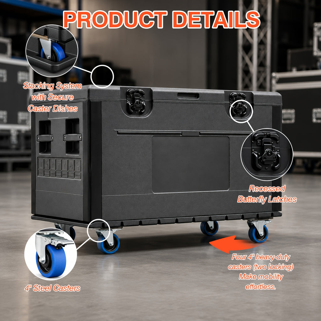 1pc Black Cable Trunk, ATA Road Case, Heavy Duty Utility Road Trunk Flight Case With Wheels, High Density Polyethylene (HDPE), Truck Pack Size Transport For Pro Audio And DJ Touring, Two Sizes Are Available