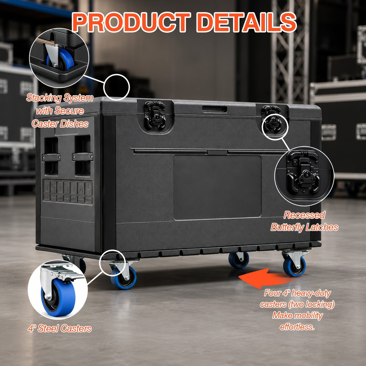 1pc Black Cable Trunk, ATA Road Case, Heavy Duty Utility Road Trunk Flight Case With Wheels, High Density Polyethylene (HDPE), Truck Pack Size Transport For Pro Audio And DJ Touring, Two Sizes Are Available