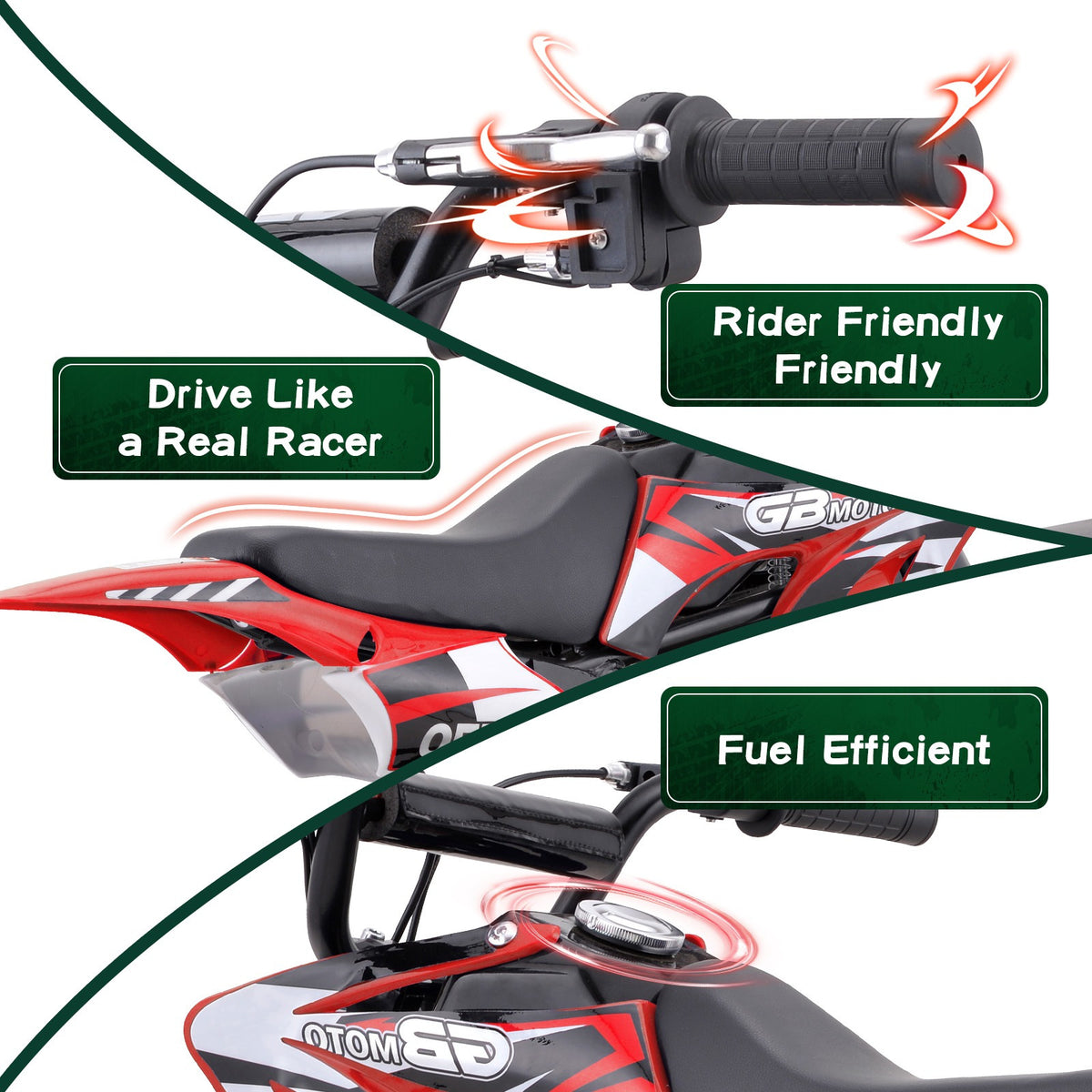 39cc gas powered mini bike, 4-stroke engine motorcycle with a maximum speed of 20 miles per hour, compact off-road bike, durable metal frame, easy to start drawstring system, small energy-saving motorcycle suitable for outdoor exploration, front and rear