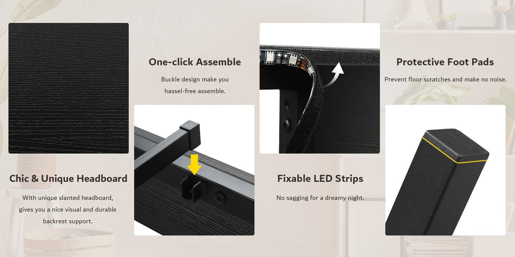 Valnase Floating Bed Frame with LED Lights & Charging Station, Platform Bed with Wooden Storage Headboard, Steel Slats Support, Easy Assembly