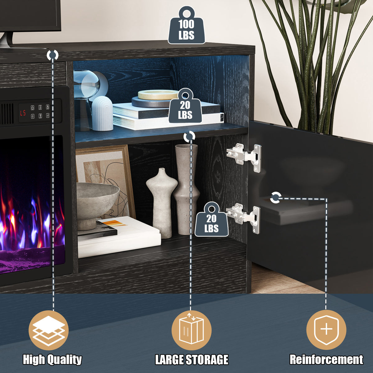 70“ Fireplace TV Stand with 36" Electric Fireplace Up to 80" TVs, Led Entertainment Center with High Glossy Doors, Modern Wood Media TV Console for Living Room