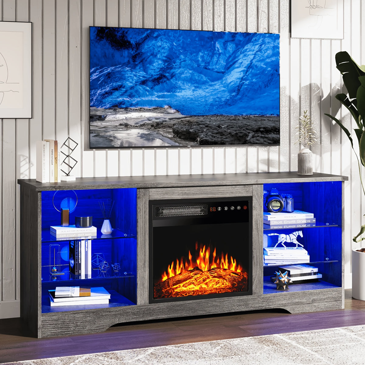 Modern TV Stand with Electric Fireplace - Black Media Console, Adjustable Glass Shelves & Storage Cabinets, Open Shelving, Sturdy Floor-Standing Entertainment Center for Living Room, Compatible with TVs, Gaming consoles, Streaming devices - Easy Assembly