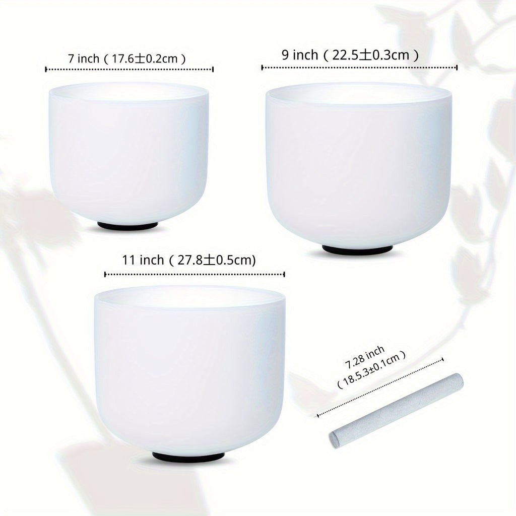 7-11Inch Quartz Crystal Singing Bowls Set of 3 Pure White for Mindfulness Meditation Yoga Sound Bowls with Case And Mallet