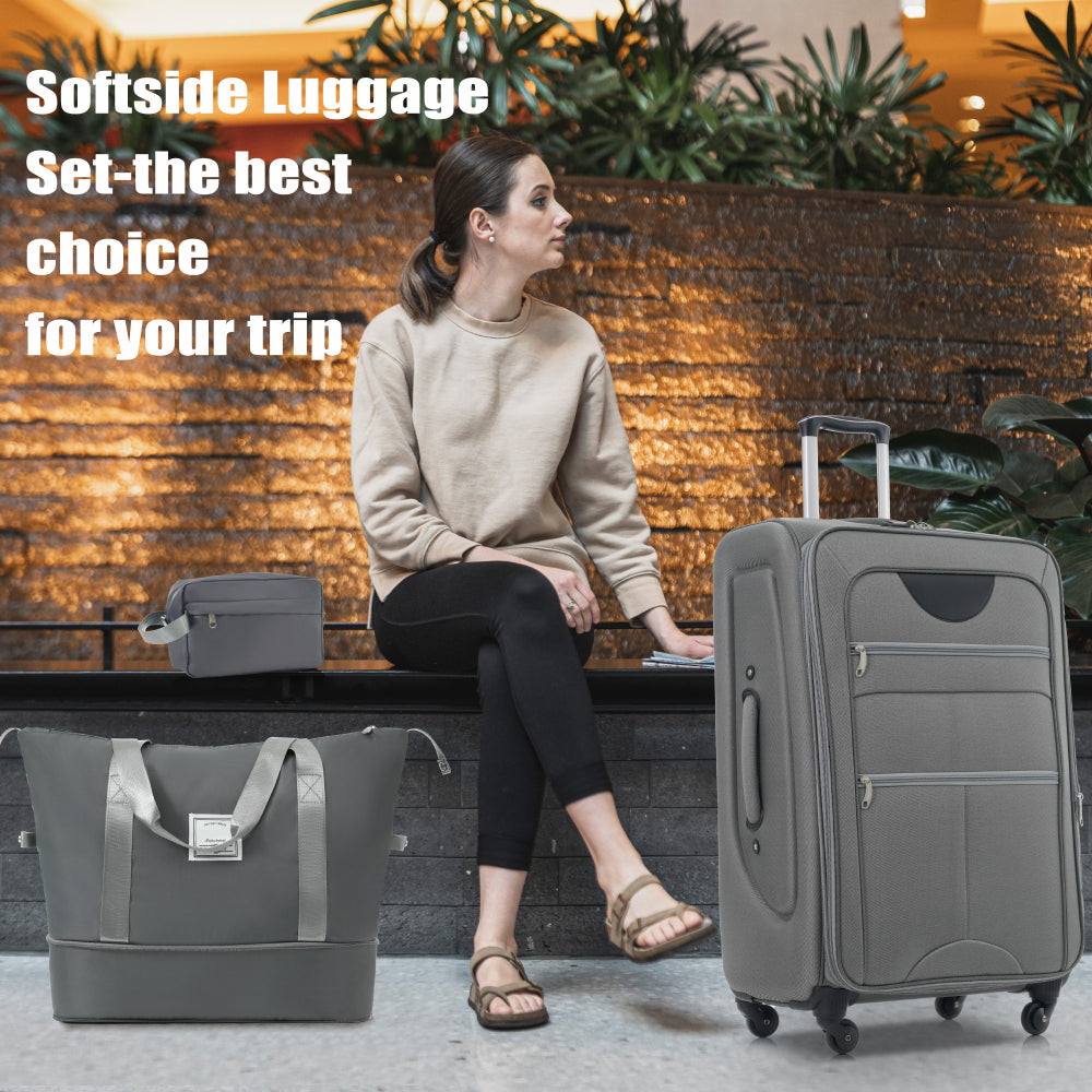 Suitcase Set Softside 3pcs Expandable Luggage with TSA Lock Spinner Wheels Lightweight Upright Luggage with Travel Bag, 22/ 26/ 30 IN