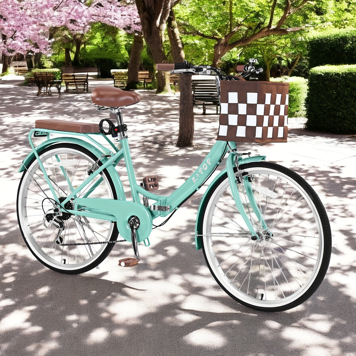 26" Foldable Beach Bike with Basket for Women - Lightweight 7-Speed Urban Commuter Bicycle, Adjustable Waterproof Seat, Detachable Rear Soft Saddle, Aluminum Alloy Wheels, Multiple Colors (Blue, Pink, Green, White), Easy Storage Bike | Checkered Board Bas
