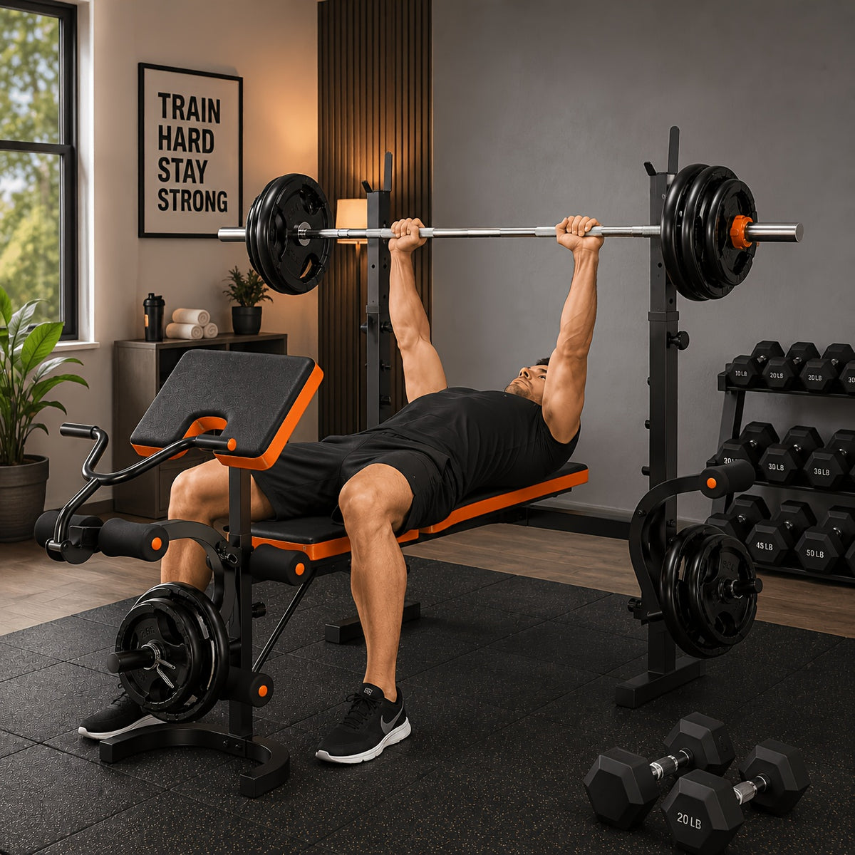 6-In-1 Professional Fitness Bench Set for Leg Extension, All-In-One Adjustable Weight Bench Full Body Strength Training, with Squat Rack, for leg Developer & Preacher Curl Pad, Ideal for Home Gym Use (Barbell Not Included)