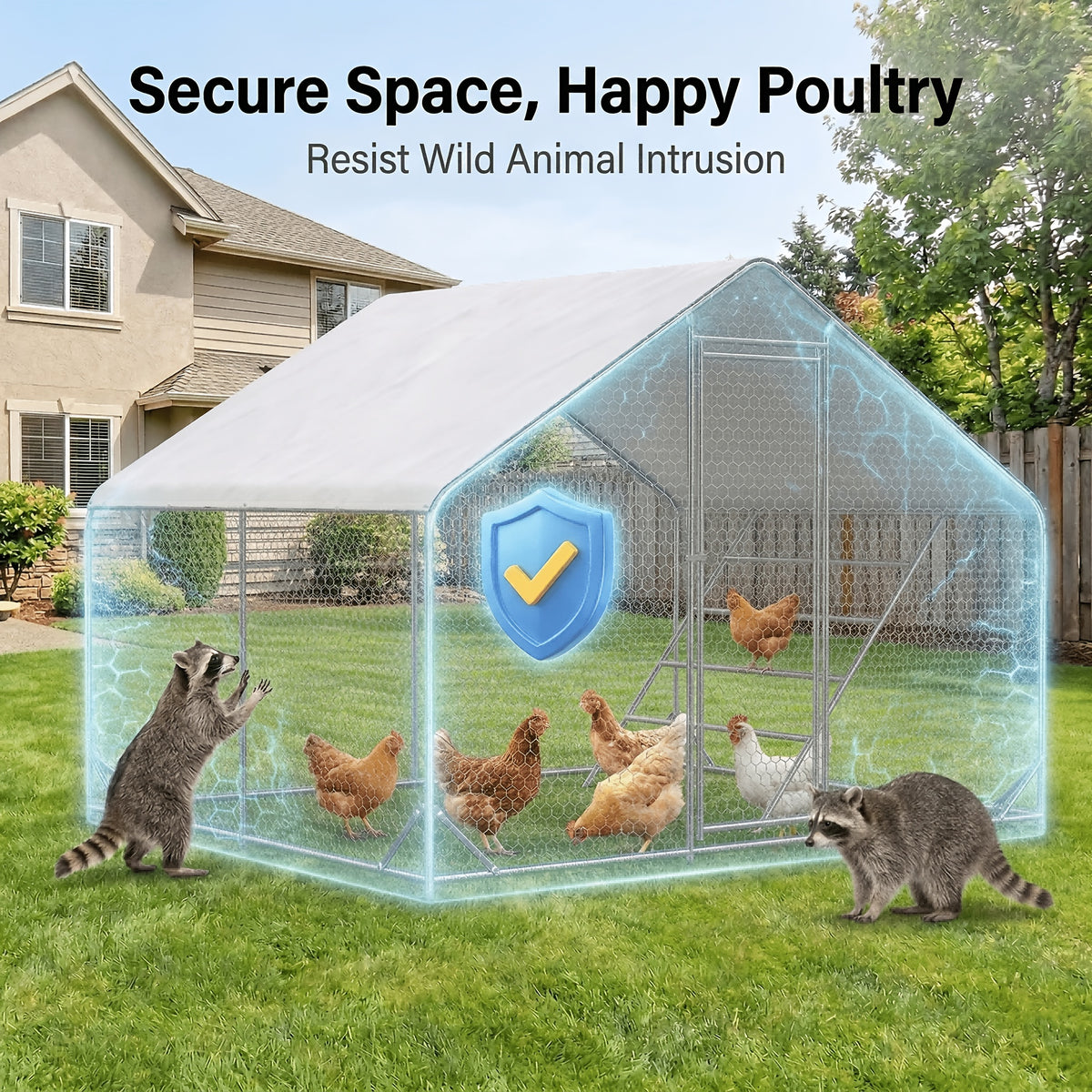 Heavy Duty Reinforced Chicken Coop Walk In Chicken Run with Waterproof Cover Large Metal Poultry Cage Outdoor Chicken Pen with Free Chicken Roosting Ladder