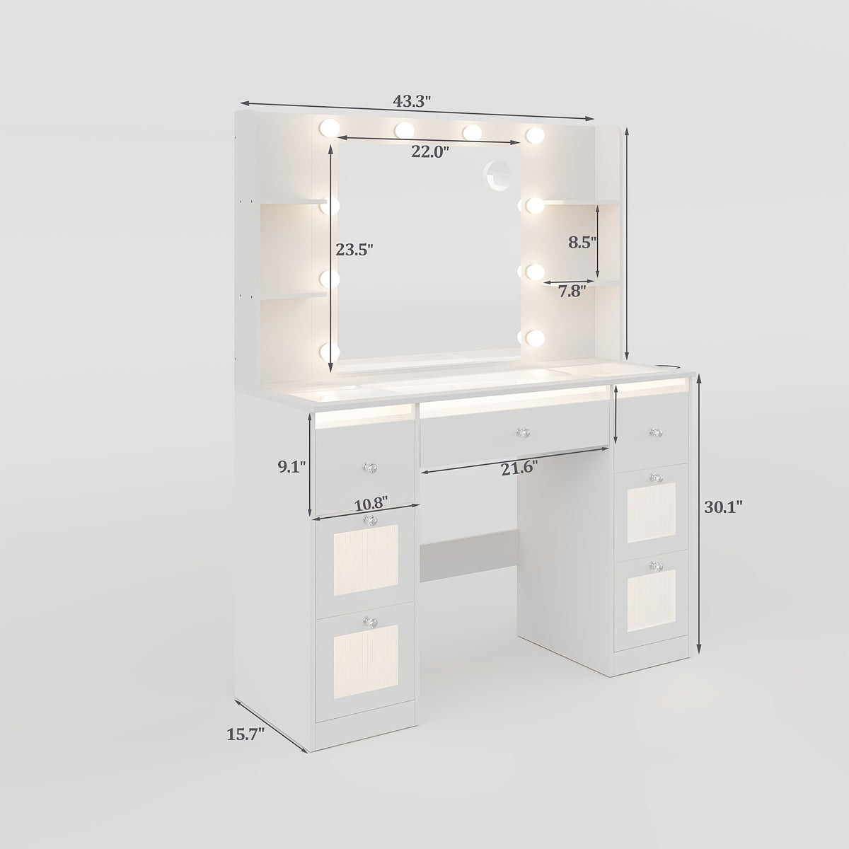 Makeup Vanity with 7 Lighted Drawers & 3-Color LED Mirror, Dressing Table with Glass Top, 4 Shelves for Huge Storage, Light White for Bedroom