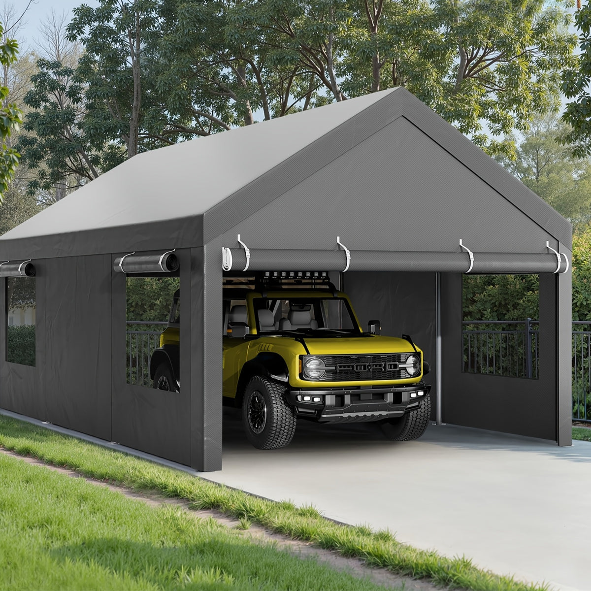 JAMFLY Sturdy Carport Featuring Roll-Up Ventilated Windows, Outdoor Canopy, Portable Garage Gazebo Equipped with Detachable Sidewalls & Doors for Vehicles, Truck, Boat, All-Season Tarp Car Canopy