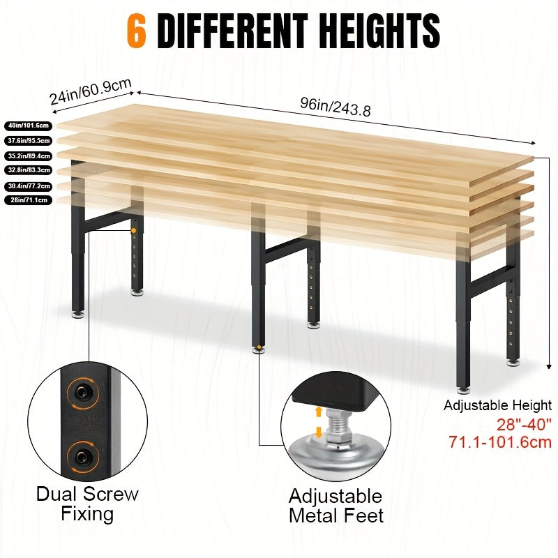 MUWOOD 48" 60" 96" Adjustable Workbench with Power Outlet, Heavy Duty Garage Table, 2000/5000 LBS Load, Pegboard & Thick Rubber Wood Top, Height Adjustable 28"-40" for Workshop, Home, Office