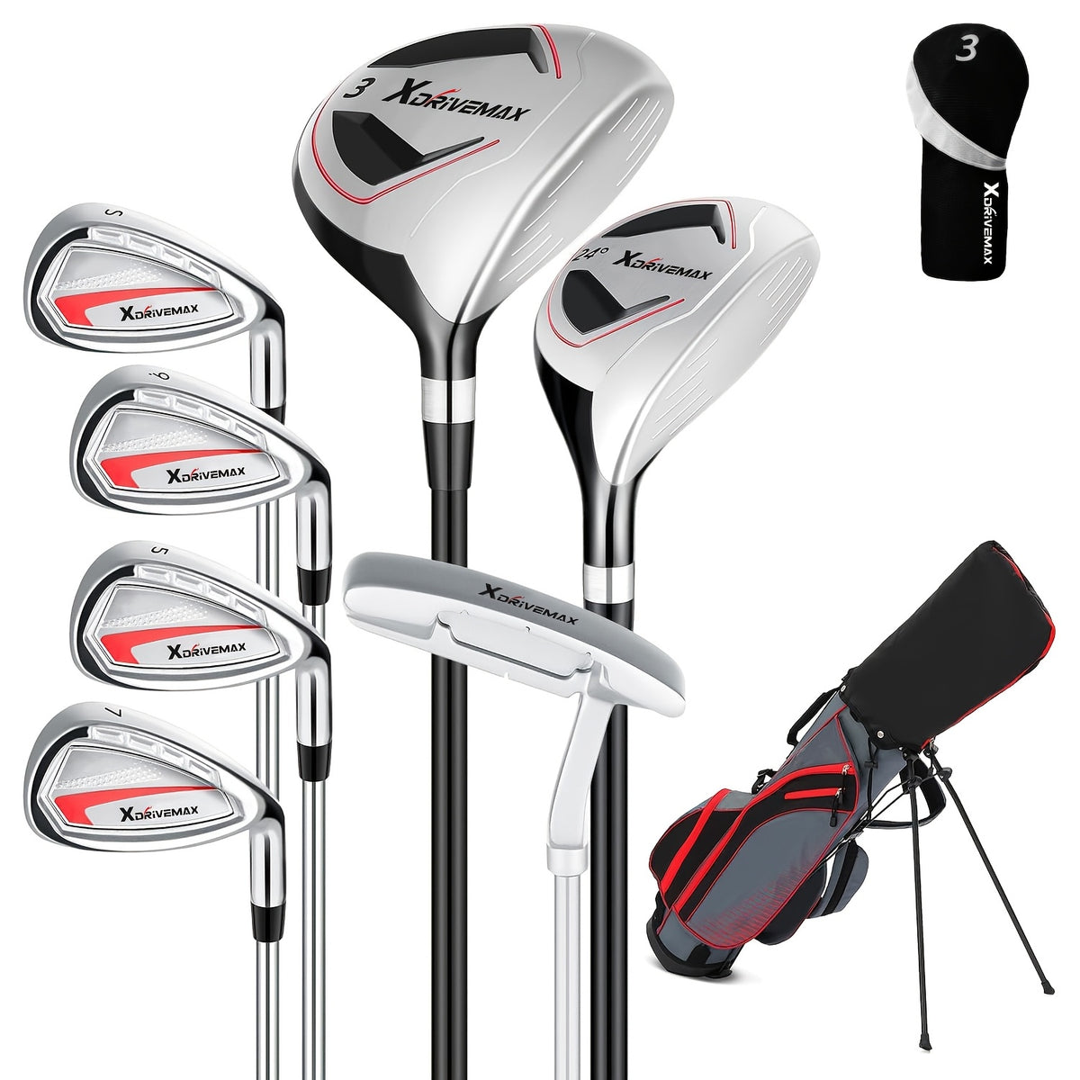 XDriveMax 8pcs Complete Golf Club Set for Men/Women Includes Stand Bag with Rain Hood, Fairway Wood Head Covers, Hybrid, Irons And Putter