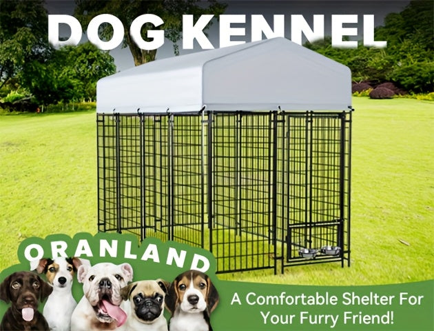 SNDM Outdoor Dog Kennel for Large Dogs, Heavy Duty Welded Wire Steel Dog Playpen Fence with Secure Lock, Dog Pen with Waterproof Roof Cover and 2 Rotating Dog Bowls for Small/Medium/Large Dogs