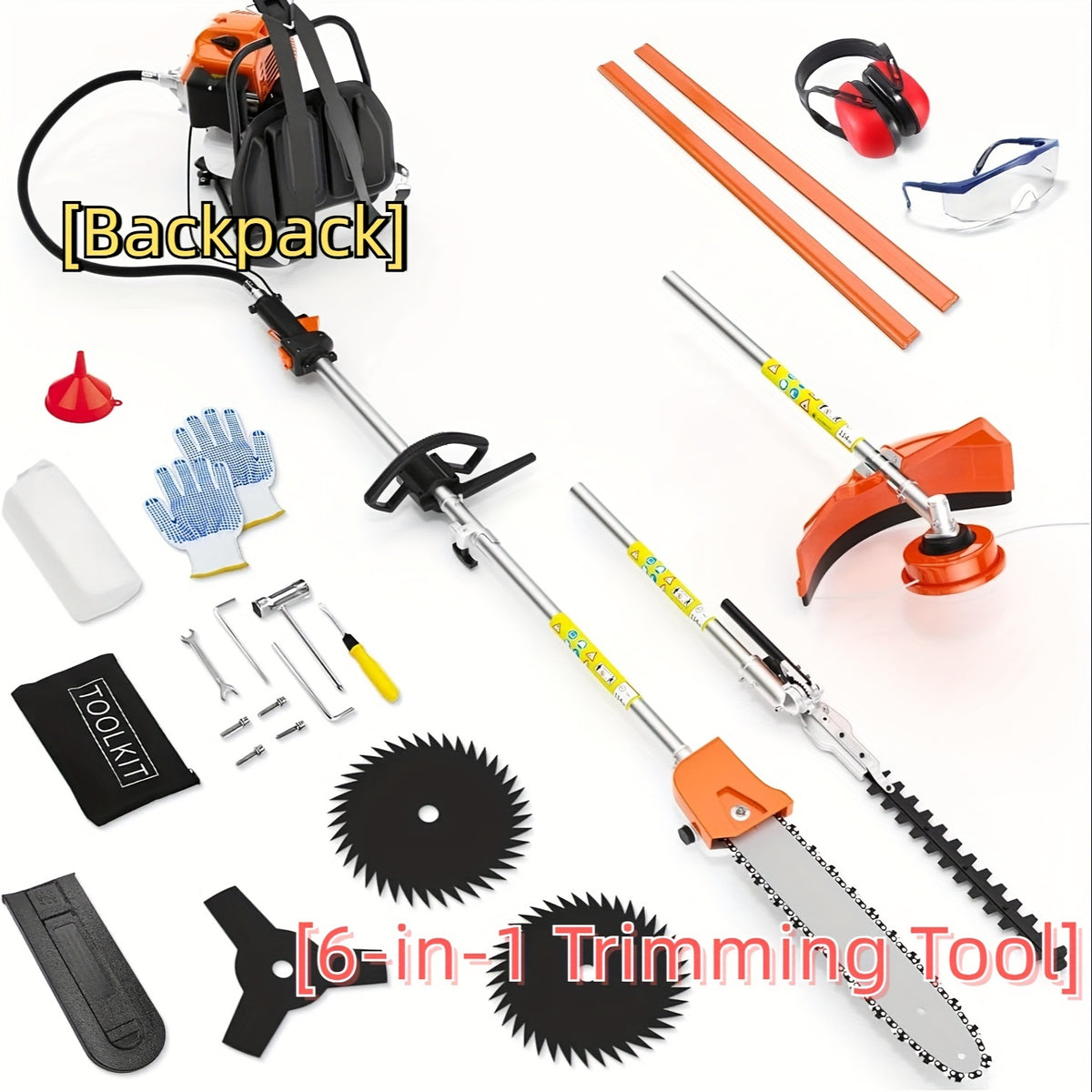 Christmas Gifts - 6in 1 52CC Gas Weed Wacker, 2-Stroke Backpack Gas Pole Saw, Adjustable Hedge Trimmer, Quality Brush Cutter with Four Types Of Mowing Heads for Trimming, Cutting, And Clearing Around Your Garden, Fence, Porch And Pathways (Orange)