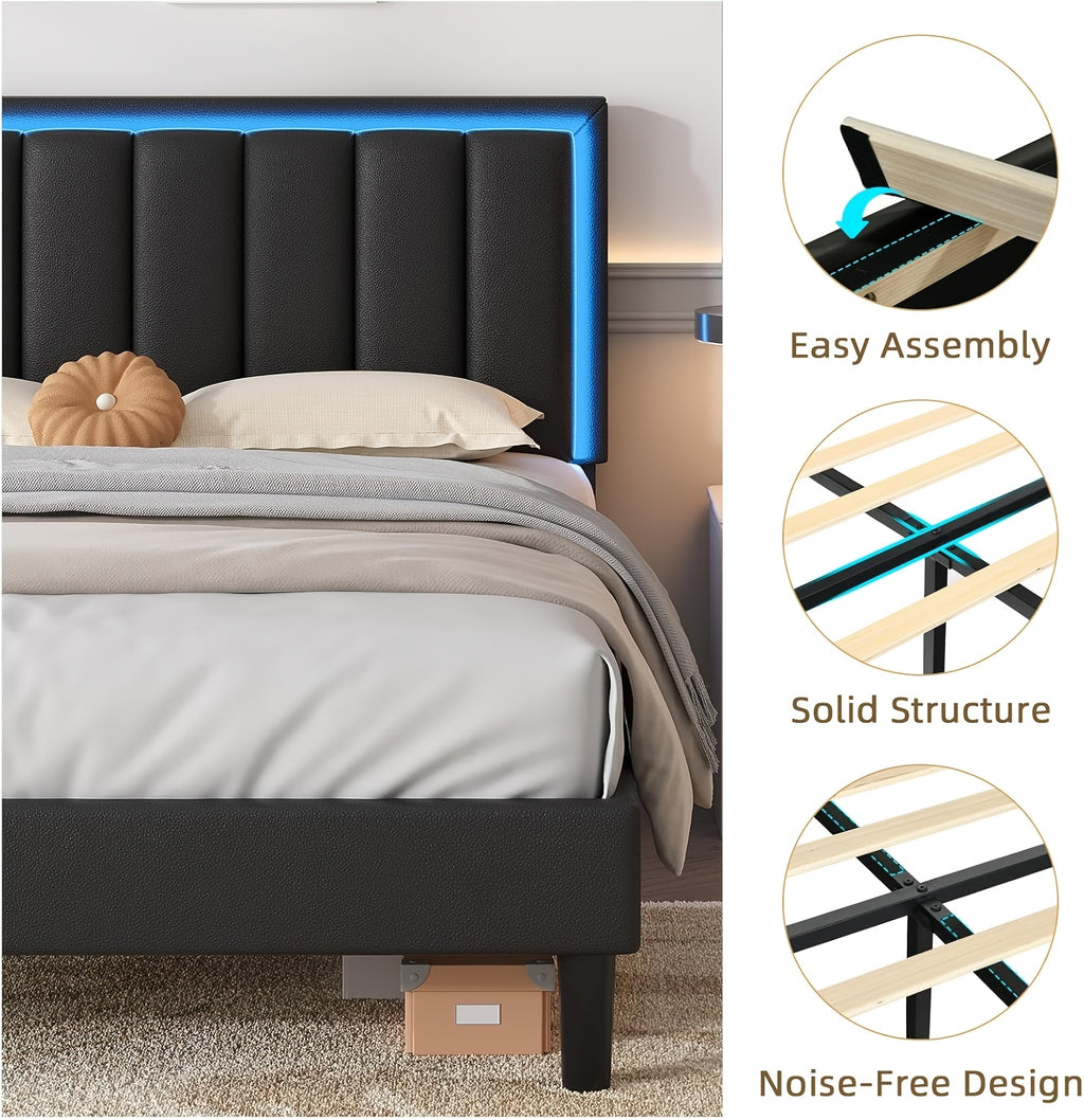 Twin Full Queen Size Bed Frame with LED Lights, Upholstered Queen Size Bed Frame with Headboard And Footboard, Heavy Duty Wood And Metal Slats Support, Noise-Free, No Box Spring Needed, Queen Bed Easy Assembly, Black, White, Pink