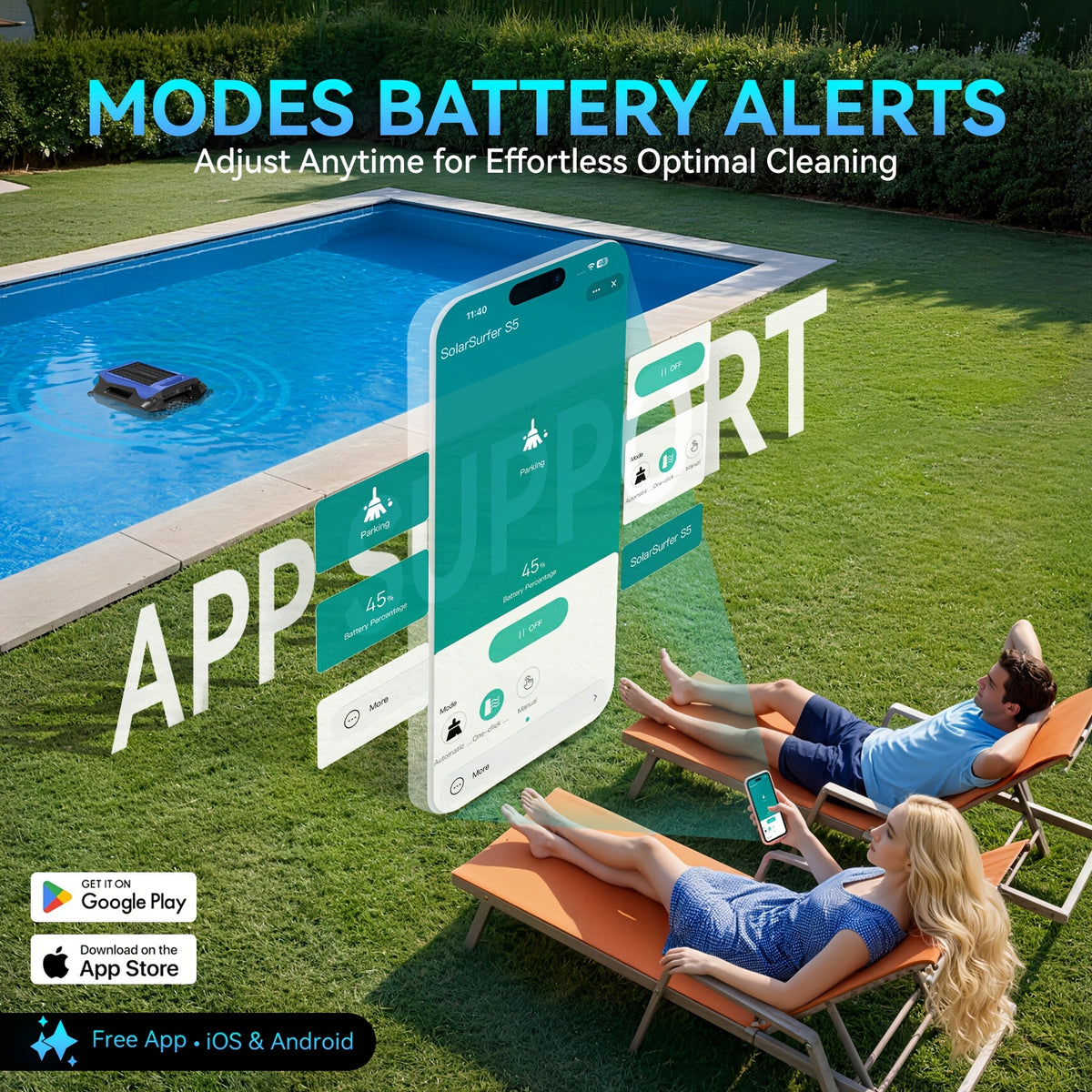 Solar Powered Pool Skimmer Robot 24/7 Continuous Working APP Control Intelligent Obstacle Avoidance Floating Surface Cleaner for Above Ground And Inground Pools