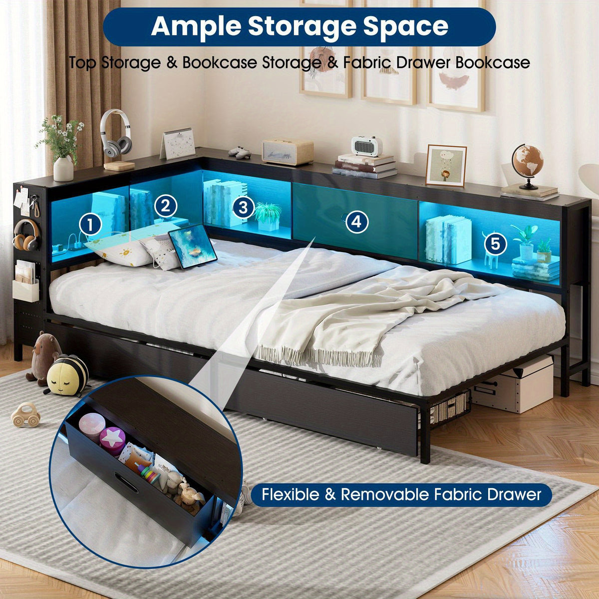 Corner Bed with Storage Bookcase and LED Light, Daybed with 2 Underneath Storage Drawers & Charging Station, Twin Bed Frames for Bedroom