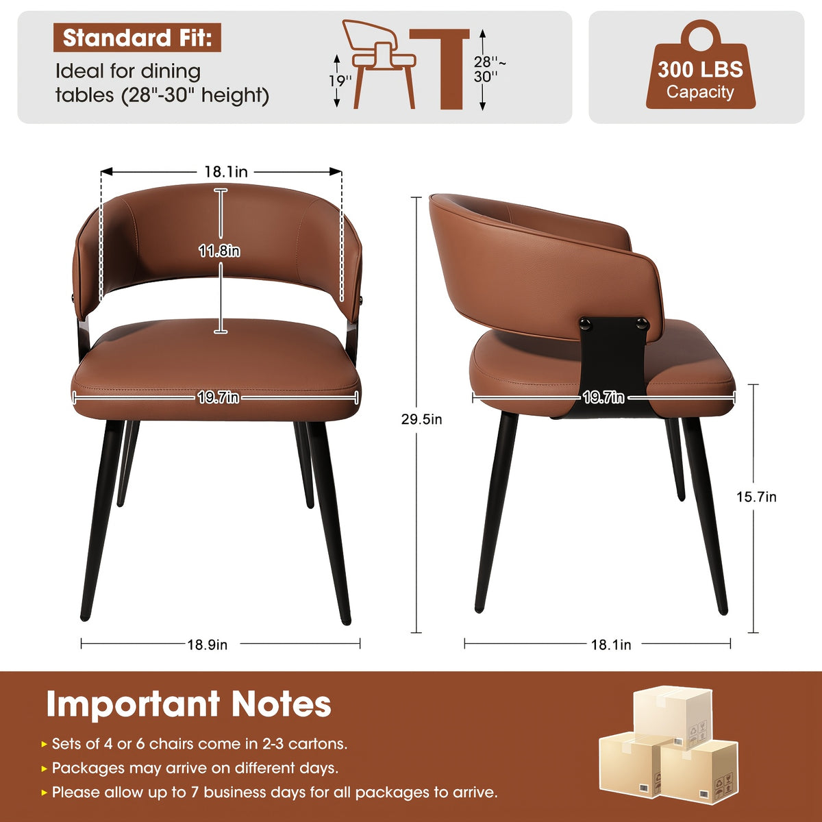 Modern Dining Chairs Set Of 2, Upholstered Faux Leather Kitchen Side Chairs with Curved Open Back, Easy Assembly for Dining Room, Restaurant, Cafe, Warm