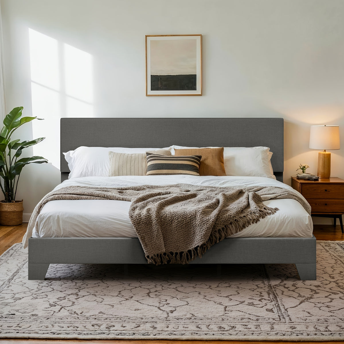 HOOMIC Upholstered Platform Bed in Full, Queen, Or King Sizes with an Adjustable Headboard, Sturdy Wooden Frame, Easy Assembly, No Box Spring Required, Available in 5 Colors: Beige, Dark Grey, Light Grey, Black, White