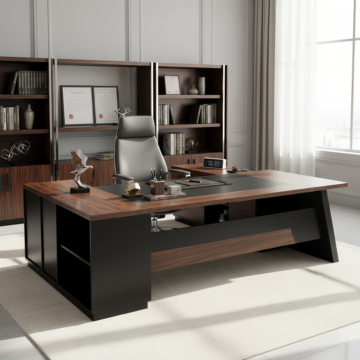78 Inch L-Shaped Executive Desk, Modern Home Office Desk with Storage Shelves, Large Computer Desk with Drawers and Lateral File Cabinet, Workstation for Home Office