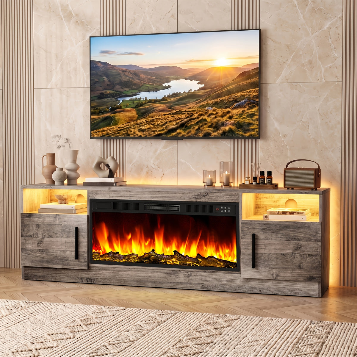 Fireplace TV Stand Entertainment Center with 36" Fireplace, Media TV Console with High Gloss Storage Cabinet And 16 Colors LED Lights, 70" Wooden TV Stand for TVs Up to 80"