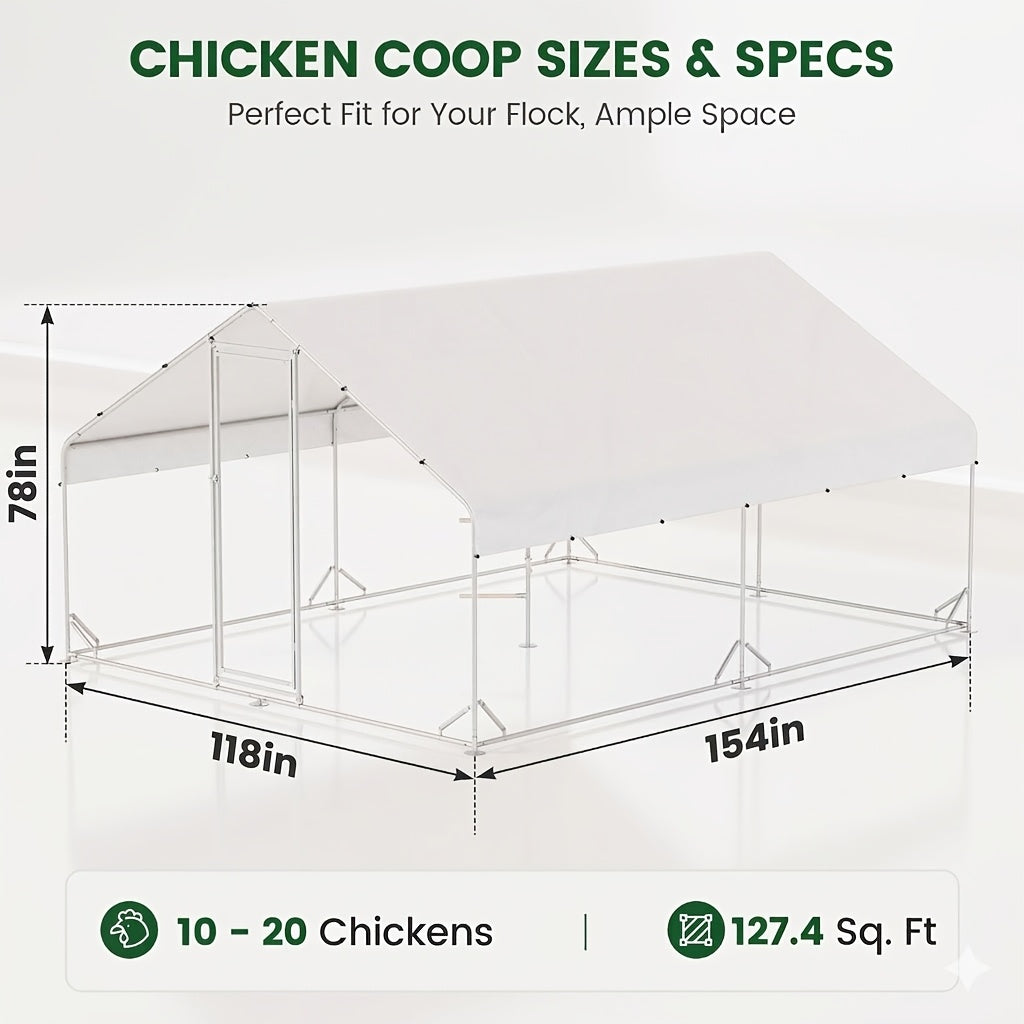 Large Walk-in Metal Chicken Coop with Chicken Run & Hardware Cloth, Solar Light, UV-Resistant Cover, Outdoor Poultry Cage for Farm Use