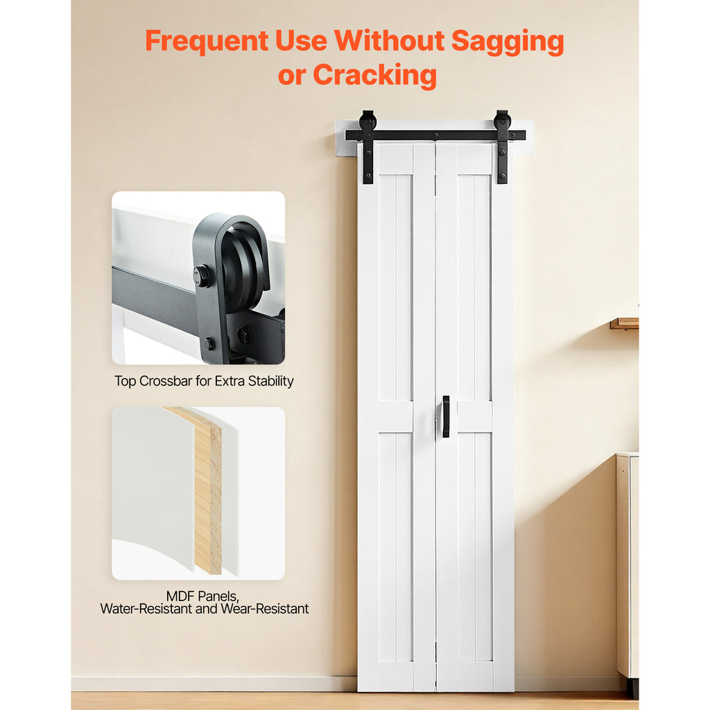 VEVOR Bifold Barn Door, 24" x 84"/36" x 84", MDF Bi-Fold Sliding Closet Doors, Hardware Kit Included, H-Frame Space-Saving Design, Need to Assemble, for Bedroom, Living Room, Wardrobe and Room Divider, White