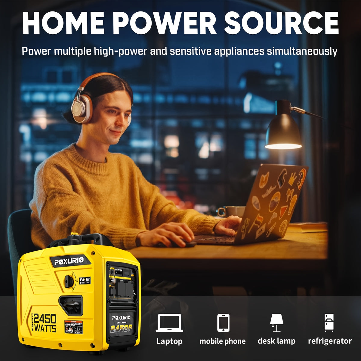 2450W Portable Inverter Generator for Home Use, Super Quiet Outdoor Generator for Camping Outdoor Emergency Power Backup, 1.6Gallon Large Fuel Tank Up to 8.3 Hours Use, EPA Compliant